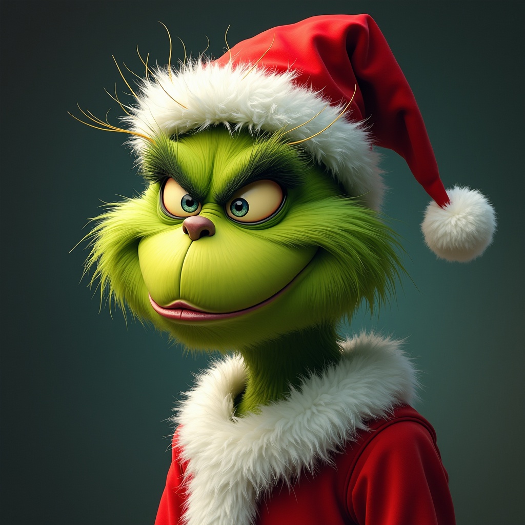 Grinch character wearing a Santa hat with an expressive face. A holiday-themed interpretation with a mischievous look.