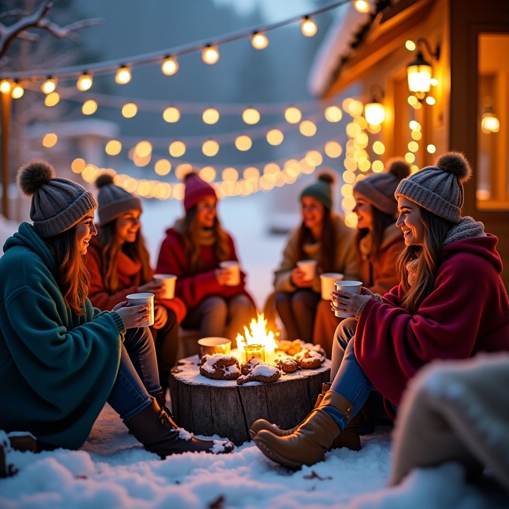 A cheerful winter mini gathering takes place outdoors during a snowy evening. A group of friends dressed in colorful warm ponchos and hats sit around a crackling fire. They are sharing hot drinks, smiles, and laughter, creating a cozy atmosphere. String lights hang in the background, adding to the festive feel of the evening. Snow blankets the ground, enhancing the winter wonderland vibe as they enjoy each other's company around the warmth of the flames.