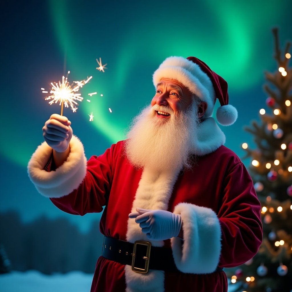 Realistic Santa Claus smiles while writing with a sparkler. Night sky with glowing Northern Lights. Christmas tree decorated.