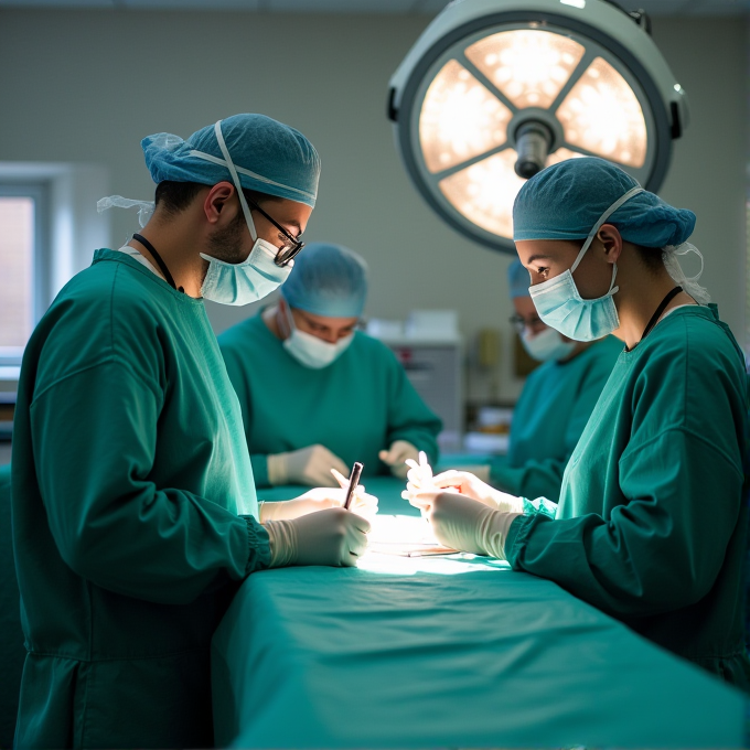 Two surgeons dressed in green scrubs and masks concentrate during a surgery, under bright surgical lights.