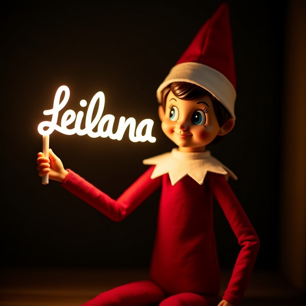 This image features an elf on the shelf character, dressed in traditional red and white attire. The elf is holding a glow stick that forms the name 'Leilana' in bright, soft light. The background is dark, which enhances the glowing effect of the text. It creates a warm, festive atmosphere, embodying the joy of the holiday season. The scene evokes feelings of magic and cheer associated with Christmas celebrations.