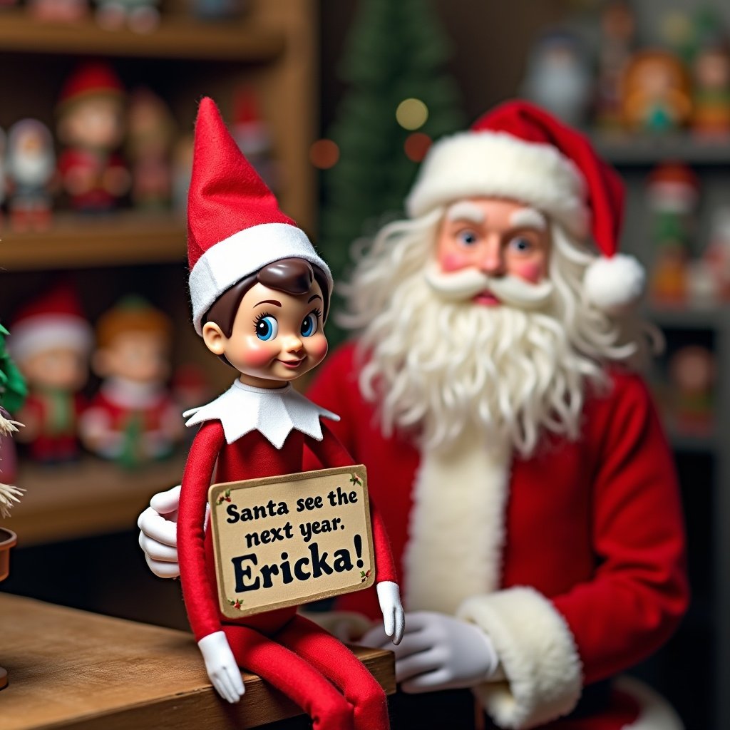 Elf wearing traditional red outfit with white trim holding a sign that says 'Santa see you next year, Ericka!' sitting alongside Santa in a toy workshop with Funko Pops in the background.