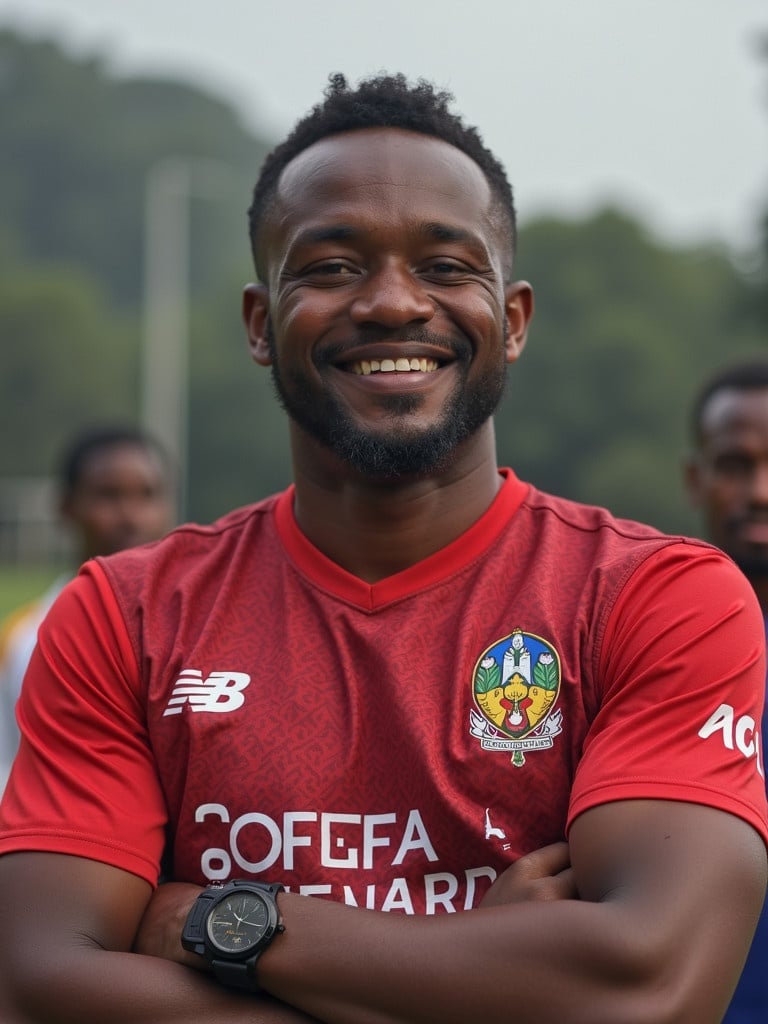 Athlete wearing a red jersey standing with arms crossed. Team logo visible on jersey. Background shows blurred figures of additional players. Imagery captured in natural light. Focus on athlete's confident stance and team spirit.