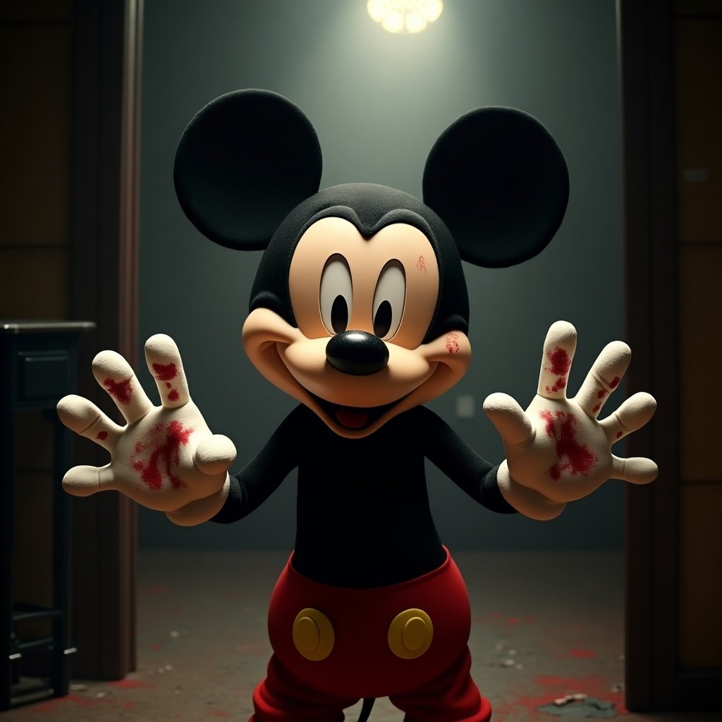 Mickey Mouse depicted in his first design style from 1928, gloves stained with red spots, wearing a scary smile, and emotionless eyes, stepping out from shadows in a dimly lit studio room.