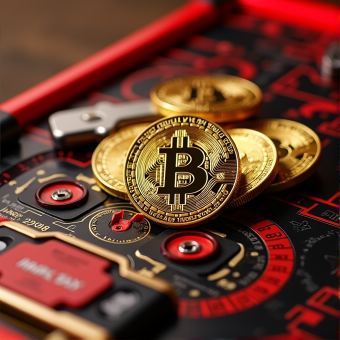 Golden Bitcoin coins rest atop a black and red hardware device, symbolizing digital currency and technology.