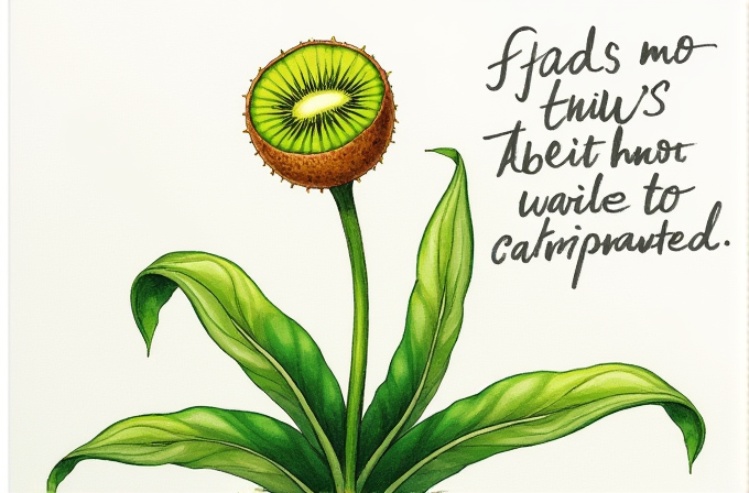 An artistic illustration of a plant with large green leaves and a kiwi fruit as its bloom, accompanied by stylized, unreadable handwritten text on the right.