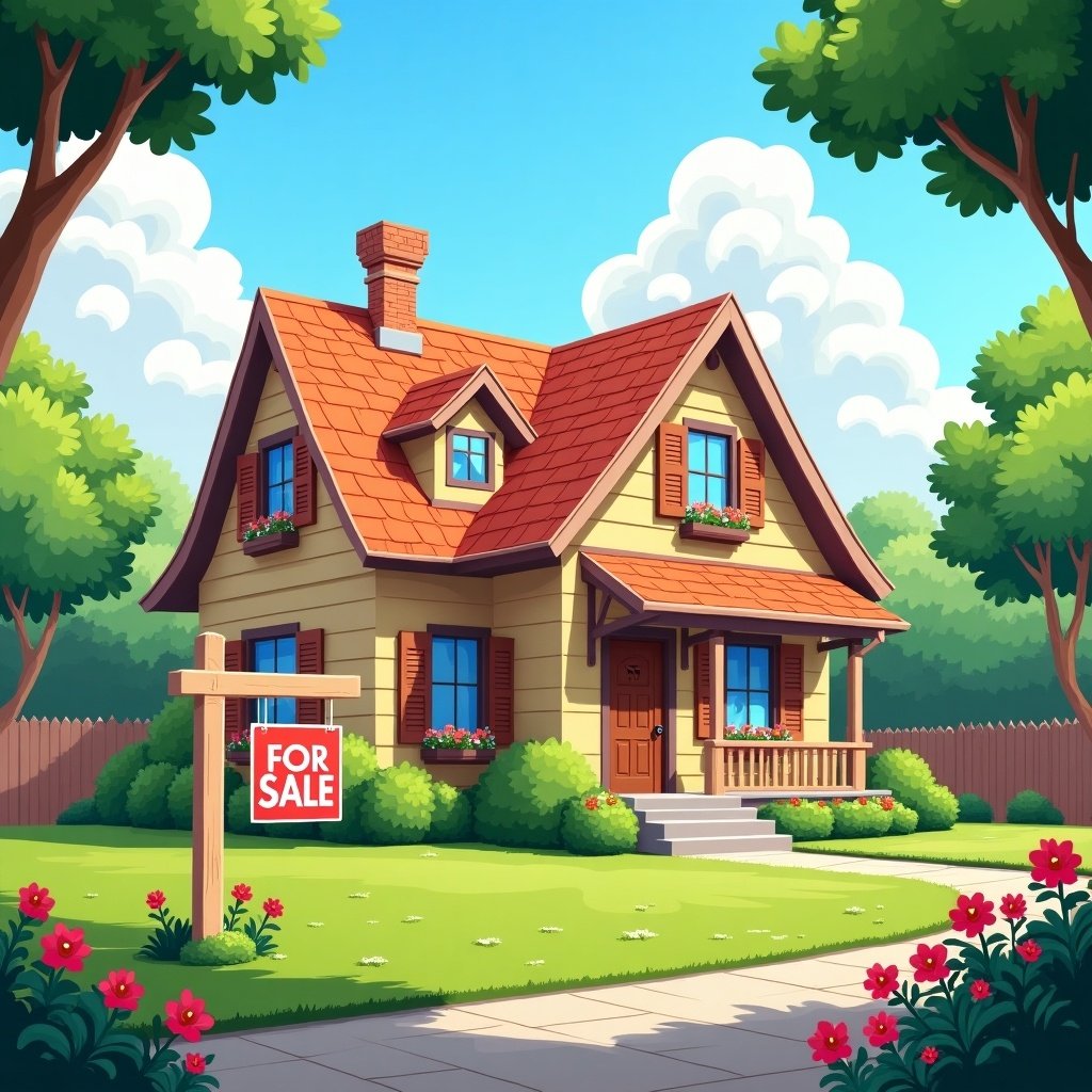 A charming yellow house with a red roof stands in a lush green yard. Flowers decorate the front garden. A sign reads 'For Sale'. White fluffy clouds are visible in a blue sky.