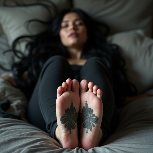 Mature goth woman with long black hair shows tattooed soles of bare feet. She lies on a bed in comfortable goth clothes and appears relaxed. Soft natural light enhances the cozy feel of the scene.