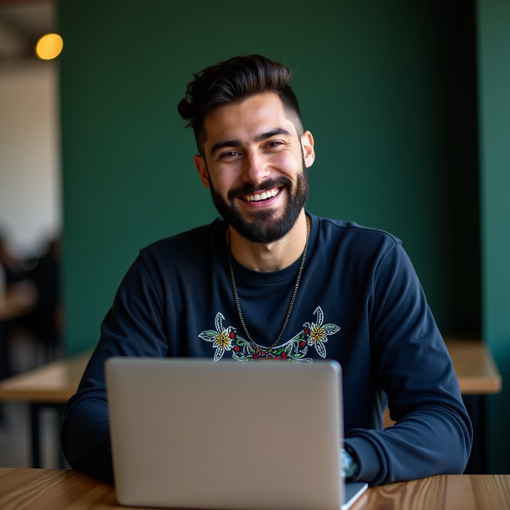 A smiling person sits at a wooden table with a laptop, in front of a green wall, exuding a cheerful and focused work environment.