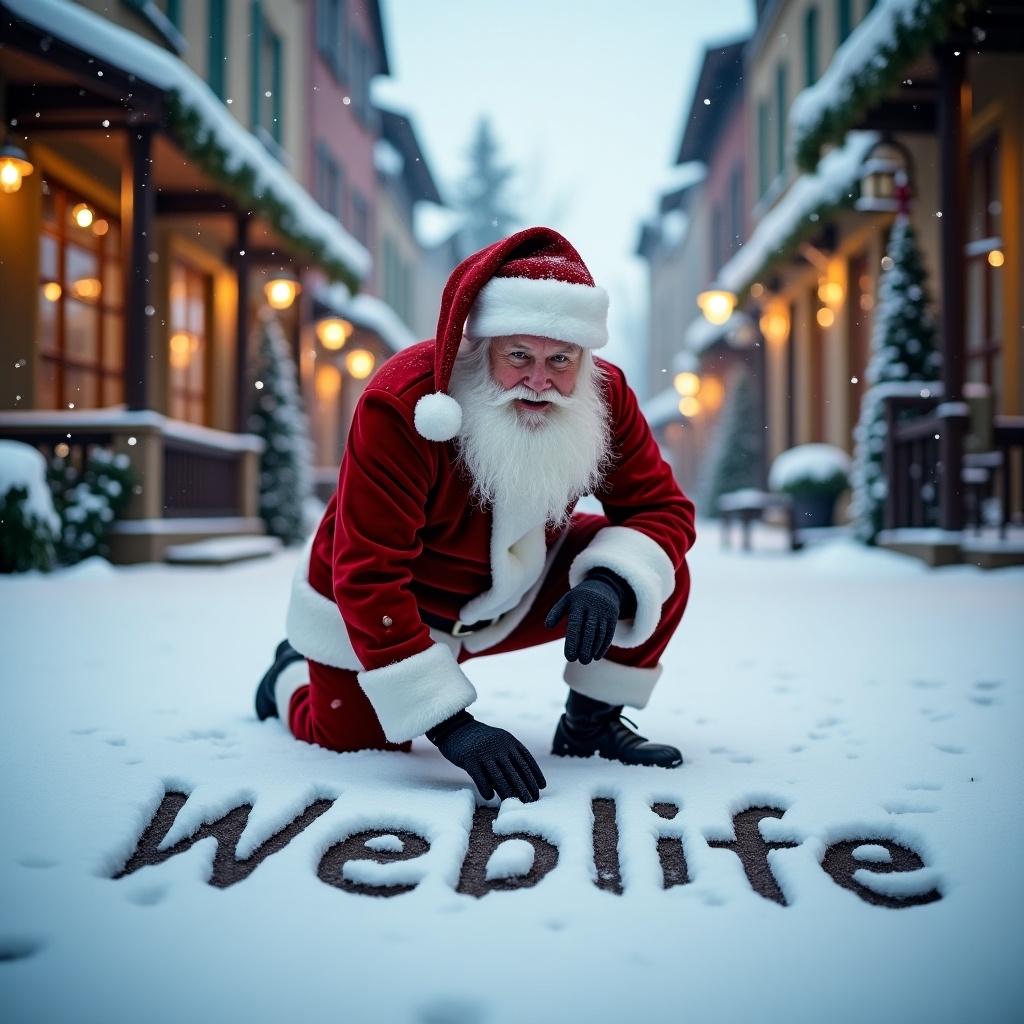 Santa Claus in a snowy street. Dressed in red and white outfit. Kneeling to write 'Weblife' in snow. Quaint buildings line the street. Festive atmosphere with winter light. Evokes joy and cheer.