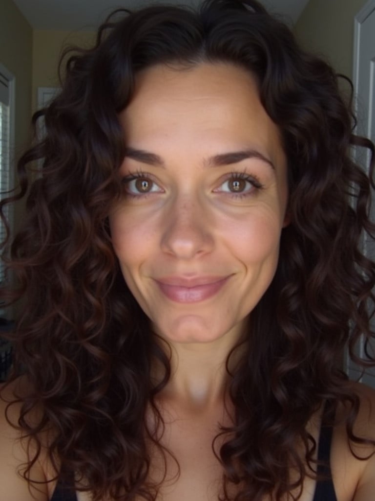 Person with long curly hair looks directly at the camera with soft lighting highlighting their features.