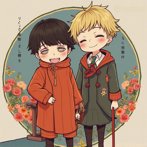 This image shows two children in manga style. They are smiling and wearing colorful clothing. One child has a brown outfit and the other wears a green and orange mix. The background is decorated with floral patterns. The artwork reflects themes of childhood and happiness altogether.