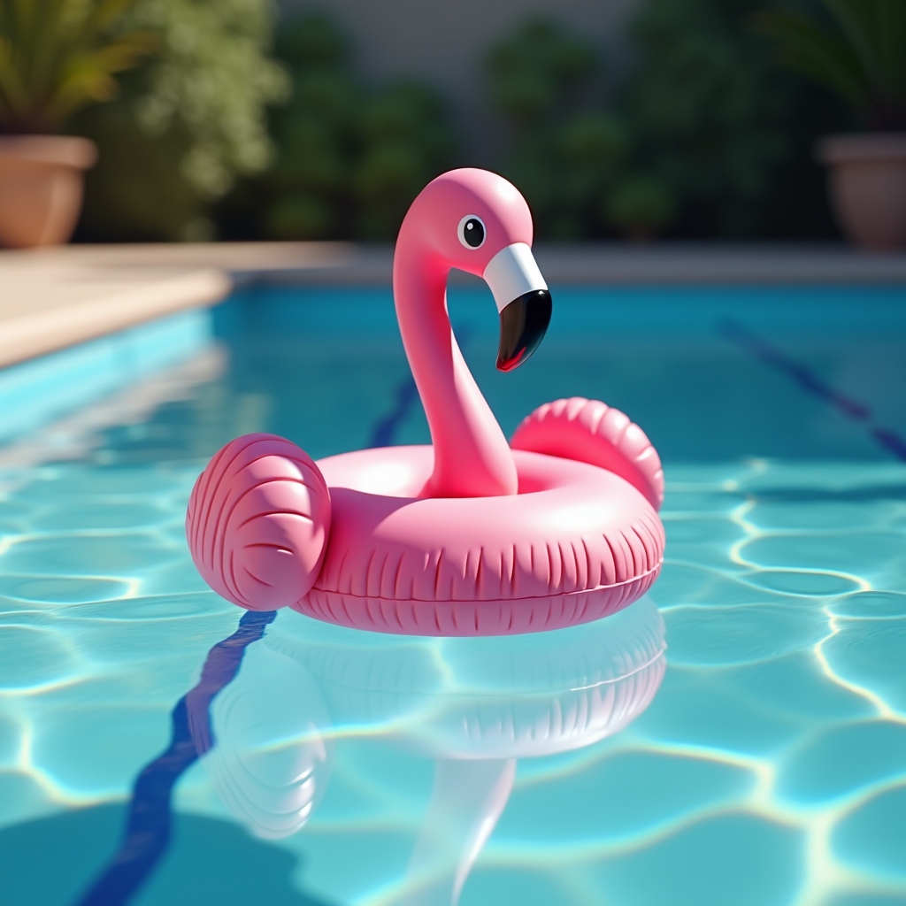 A colorful pink flamingo pool float sits buoyantly in a clear blue swimming pool surrounded by lush greenery.