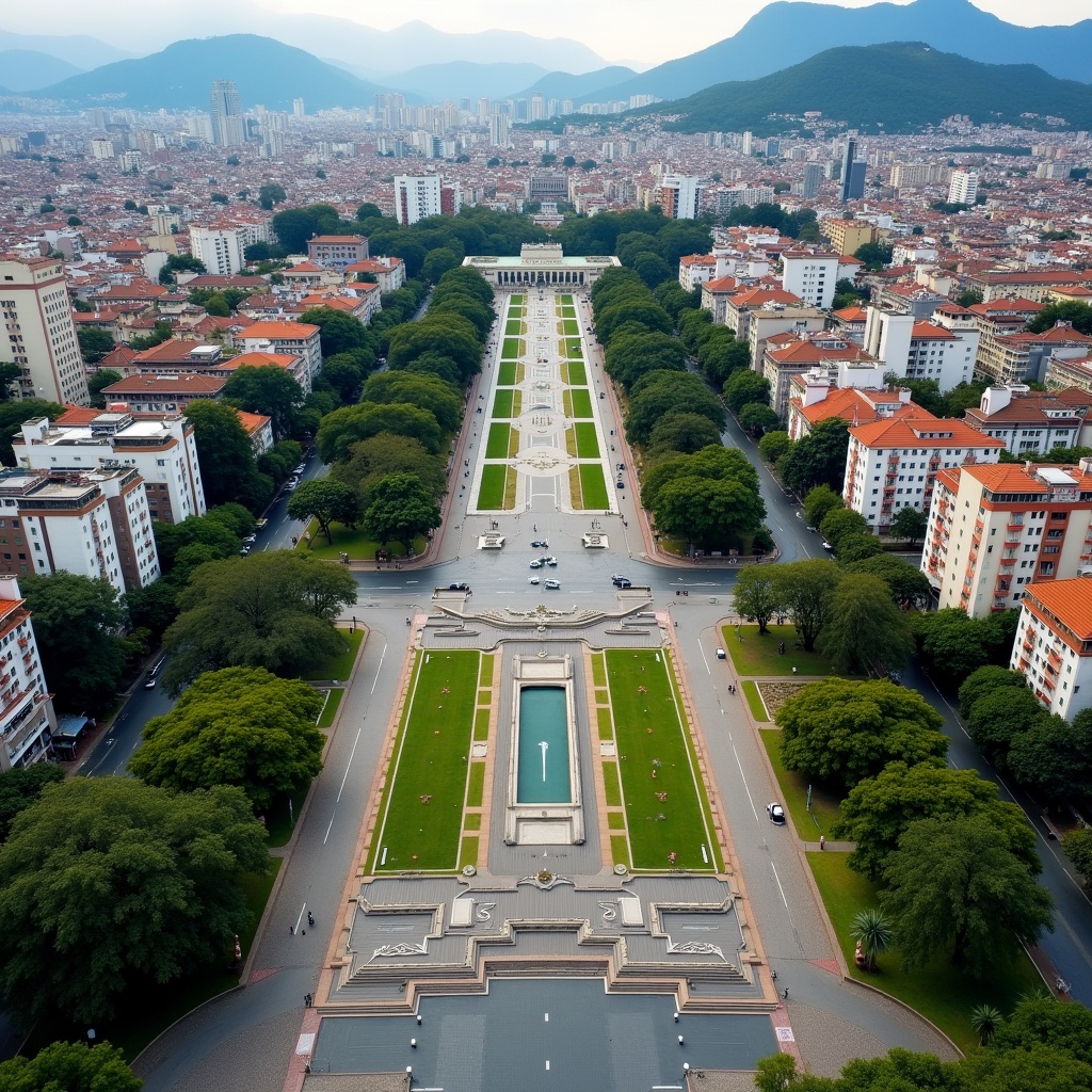 This image showcases a scenic aerial view of Plaza Altamira in Caracas. The plaza is beautifully landscaped with symmetrical gardens and pathways. Surrounding the plaza, you can see several residential buildings with orange roofs and large green trees. The backdrop features distant mountains and a sprawling city. The overall atmosphere is calm and inviting, highlighting the blend of urban and natural elements in a vibrant city.