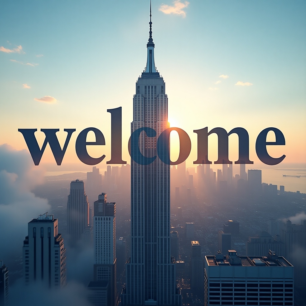 This image features the word 'welcome' in large, elegant text. It is set against the backdrop of a magnificent skyscraper—the Empire State Building. The composition captures a stunning sunrise, enhancing the overall atmosphere. Soft clouds add depth to the skyline, while warm lighting highlights the building's architectural beauty. The word 'welcome' is subtly integrated into the sky, enhancing the scene without overshadowing the skyscraper.