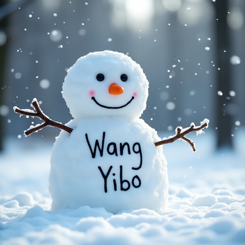 Winter scene with a snowman. Snowman has a smiling face. The name Wang Yibo is written on it. Snowy background with soft light and falling snowflakes.