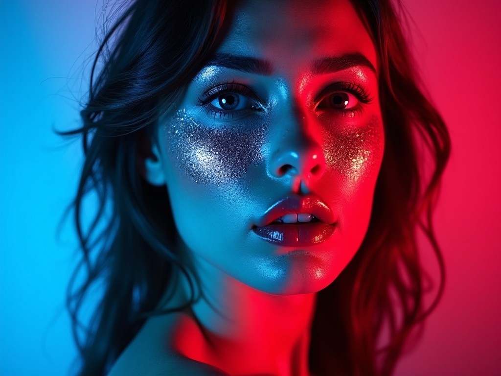 A woman showcases striking glitter makeup that shines under vibrant blue and red lights. Her captivating expression draws viewers in, embodying confidence and allure. The glimmering glitter catches the light, enhancing her features beautifully. The contrast between the colors creates an energetic and dynamic atmosphere. This image serves as an excellent representation of contemporary beauty trends and modern makeup artistry.