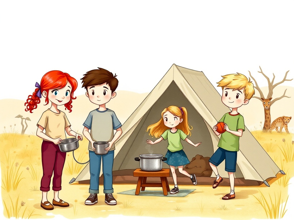 This illustration depicts four children at a campsite in a savanna setting. They are gathered around a tent, with cooking pots and a table in front. One child is holding an orange ball, suggesting playtime, while animals like a giraffe and a cheetah can be seen in the background, adding an adventurous and whimsical atmosphere.