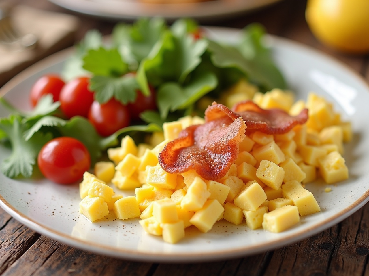 This image features a vibrant breakfast plate filled with golden scrambled eggs mixed with cheese, accompanied by crispy bacon strips on top. Next to this, there's a fresh side salad composed of leafy greens and bright red cherry tomatoes. The dish is elegantly arranged on a rustic wooden table, enhancing the appetizing look. The combination of textures and colors is appealing and invites the viewer to enjoy a hearty meal. This would be a delightful and nutritious way to start the day, highlighting comfort food at its best.