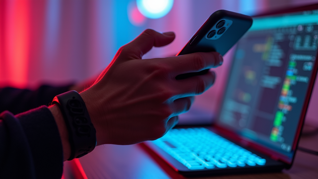 A person using a smartphone in front of a laptop with vibrant red and blue lighting.