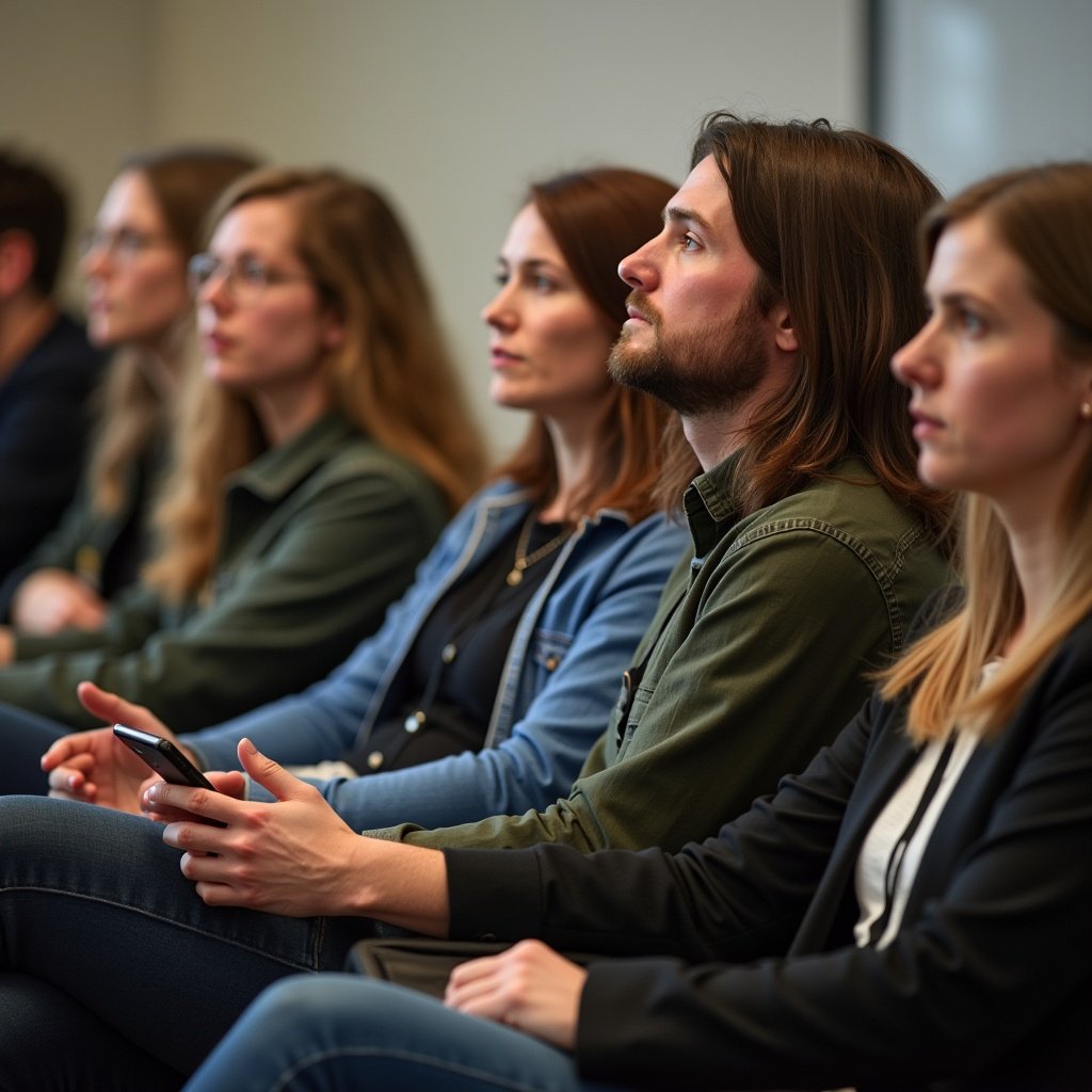 A group of people are sitting in a classroom, listening intently. One person is holding a smartphone. Focus on attentive faces in a professional setting.