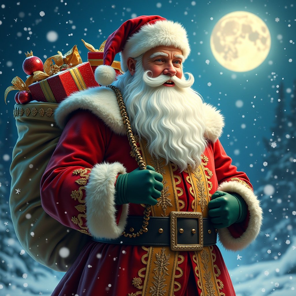 Magical depiction of Santa Claus with a sack of gifts. Snowflakes falling in a moonlit scene. Emphasis on traditional attire and festive spirit.