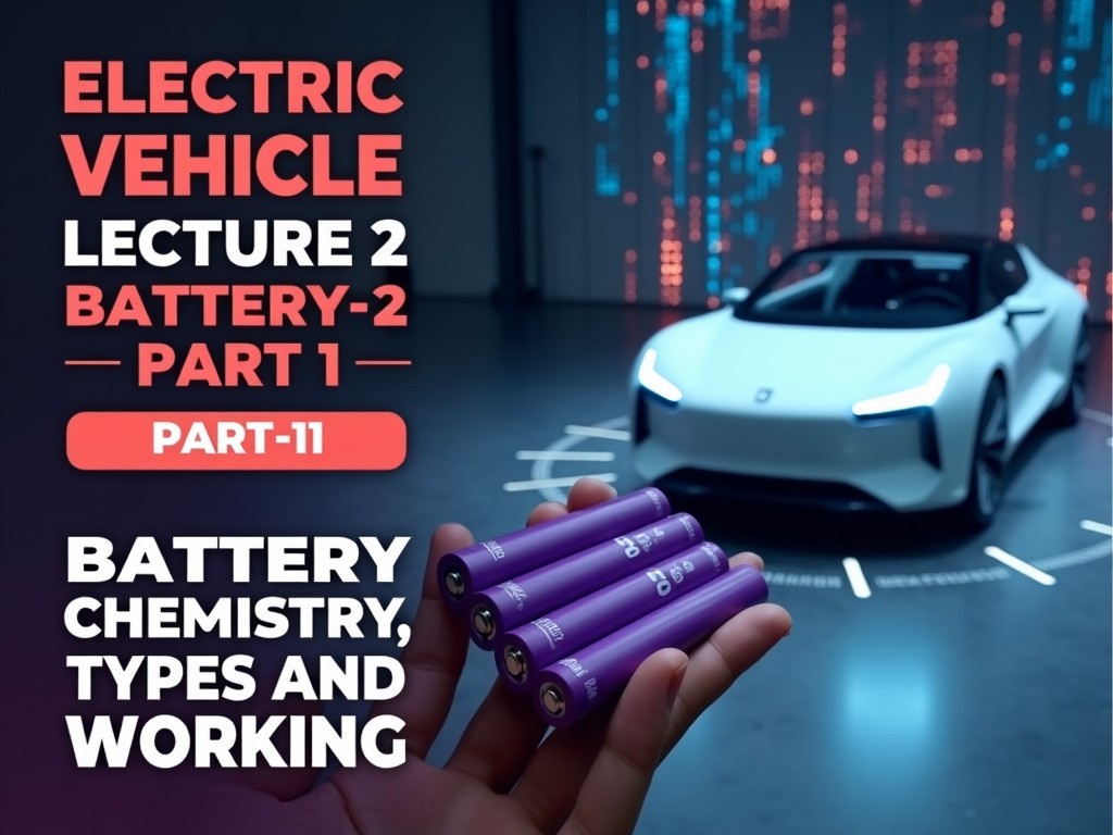 The image showcases a person prominently holding a set of purple cylindrical batteries. In the backdrop, a sleek and futuristic electric vehicle design takes center stage, surrounded by digital circuit patterns and tech-inspired visuals. The overarching theme revolves around a YouTube course focused on battery technology. The text highlights essential topics such as battery chemistry, types of batteries, and their operational principles, making it suitable for educational purposes. The design employs bold colors like red and blue to create an impactful visual, representing energy and innovation in electric vehicle technology.