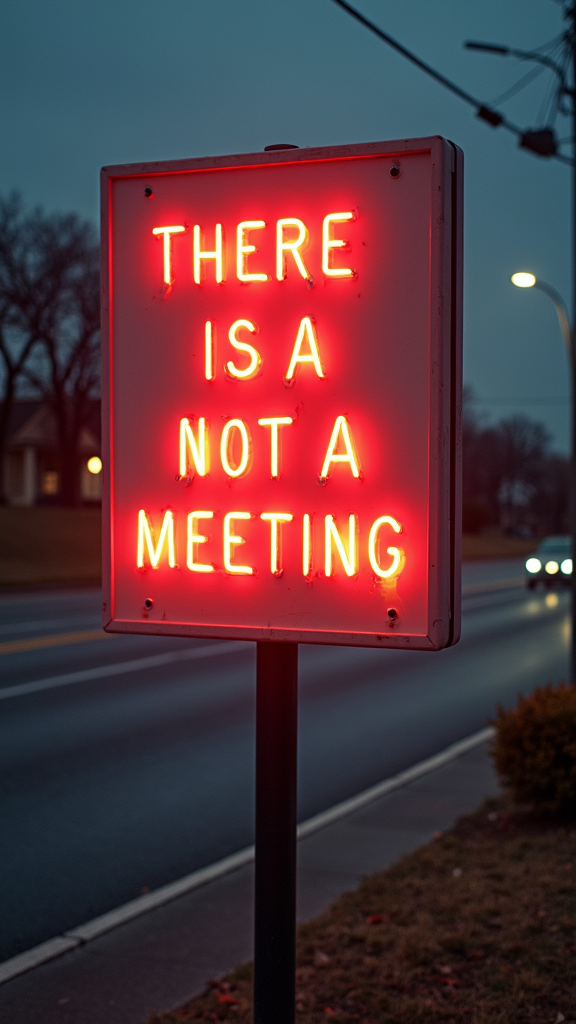 A glowing red neon sign reads 'THERE IS A NOT A MEETING' on a roadside during twilight.