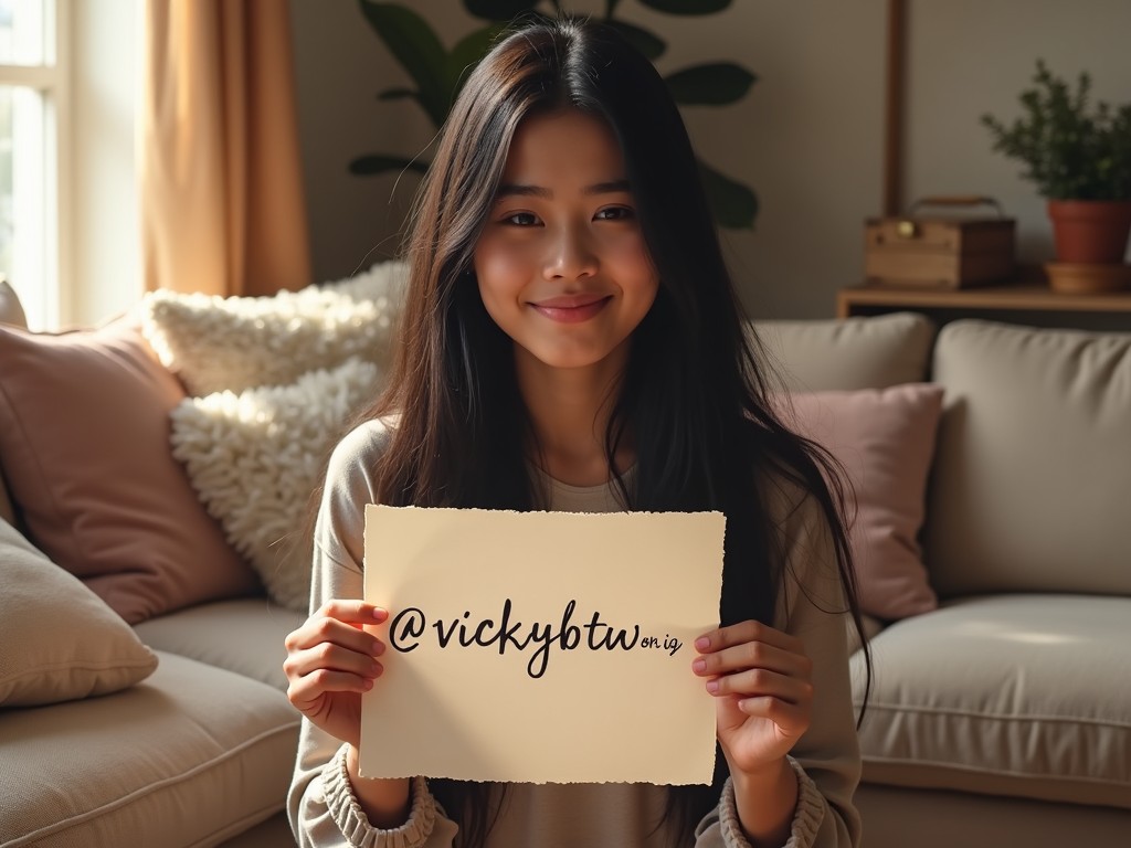 A girl with long black hair sits comfortably in a cozy living room. She smiles warmly while holding a piece of paper. The paper displays her Instagram handle, '@vickybtww on ig'. The decor features soft pillows and plants in the background. Natural light filters through the window, creating a welcoming atmosphere. The overall look is casual and inviting, perfect for a social media post.