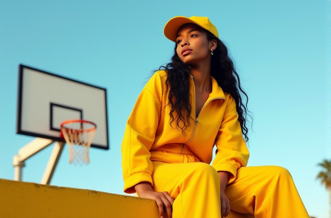 A person in a bright yellow outfit and matching cap sits pensively near a basketball hoop under a clear blue sky.