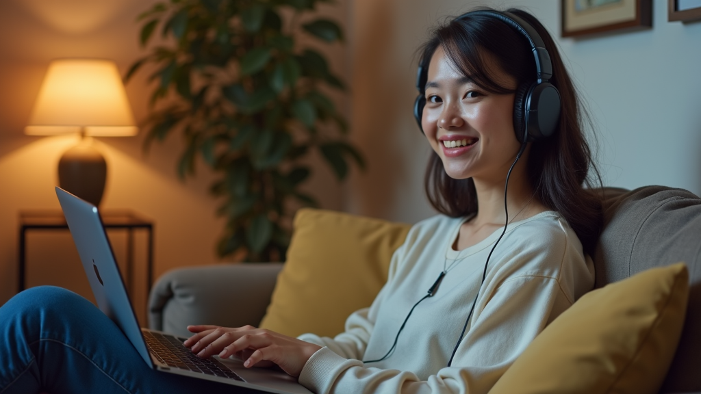 A person is comfortably seated on a couch, wearing headphones and using a laptop, with a warmly lit lamp and a plant in the background, creating a cozy atmosphere.