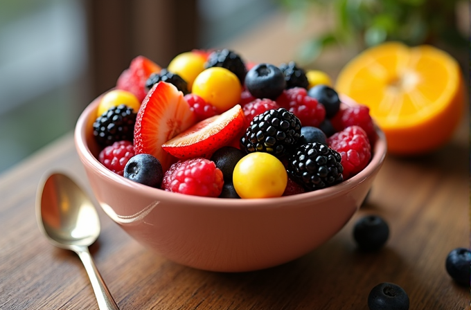 A bowl filled with a colorful variety of fresh berries and fruits.