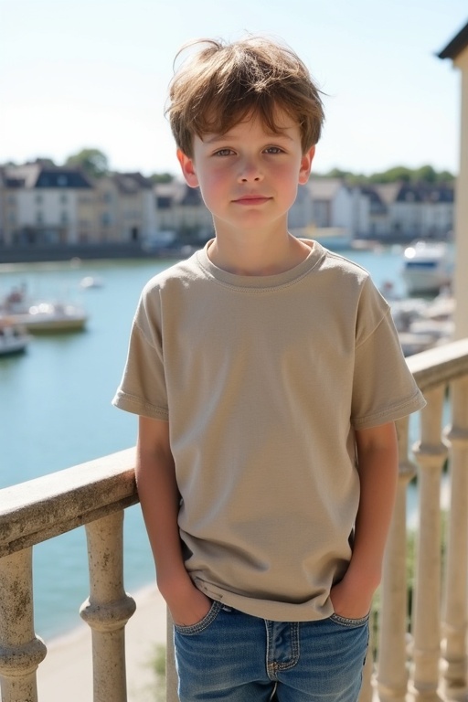 A young boy wears a large natural-colored T-shirt with blue jeans and colorful socks. He stands on a balcony. The boy has short light brown hair. Background shows a sunny harbor in Normandy. The scene feels peaceful and quiet.