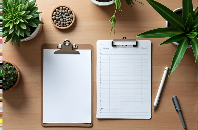 The image shows two clipboards on a desk surrounded by potted plants and writing instruments.