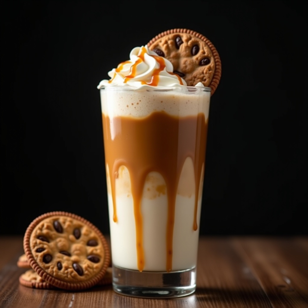 The image showcases an iced coffee topped with fresh cream and caramel syrup, creating a delicious and visually appealing drink. It features a cookie artfully placed on top of the glass, adding a hint of sweetness and texture. Set against a dark background, the drink stands out with its rich colors and creamy layers. The wooden surface beneath enhances the rustic appeal of the scene. This setup invites viewers to indulge in the delightful combination of flavors and textures.