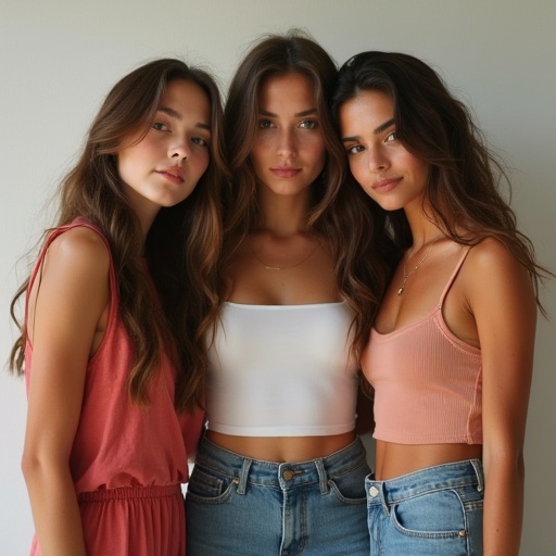 Three young women in casual outfits pose together. They have long hair and are smiling. The setting has a neutral background.