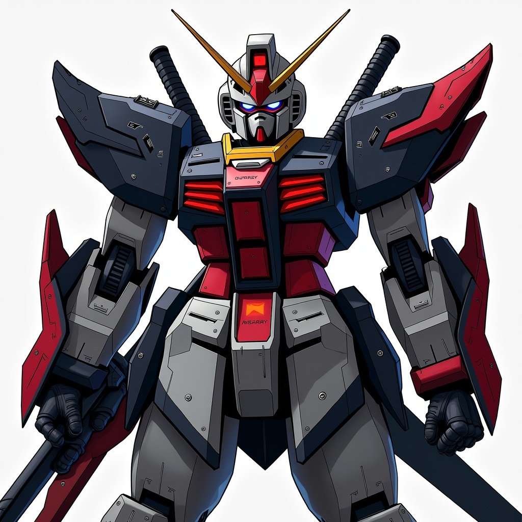 A Gundam character designed with four katana. The design features elements reminiscent of assassins and ninjas. Dominant colors are black, red, and grey. The eyes are blue.