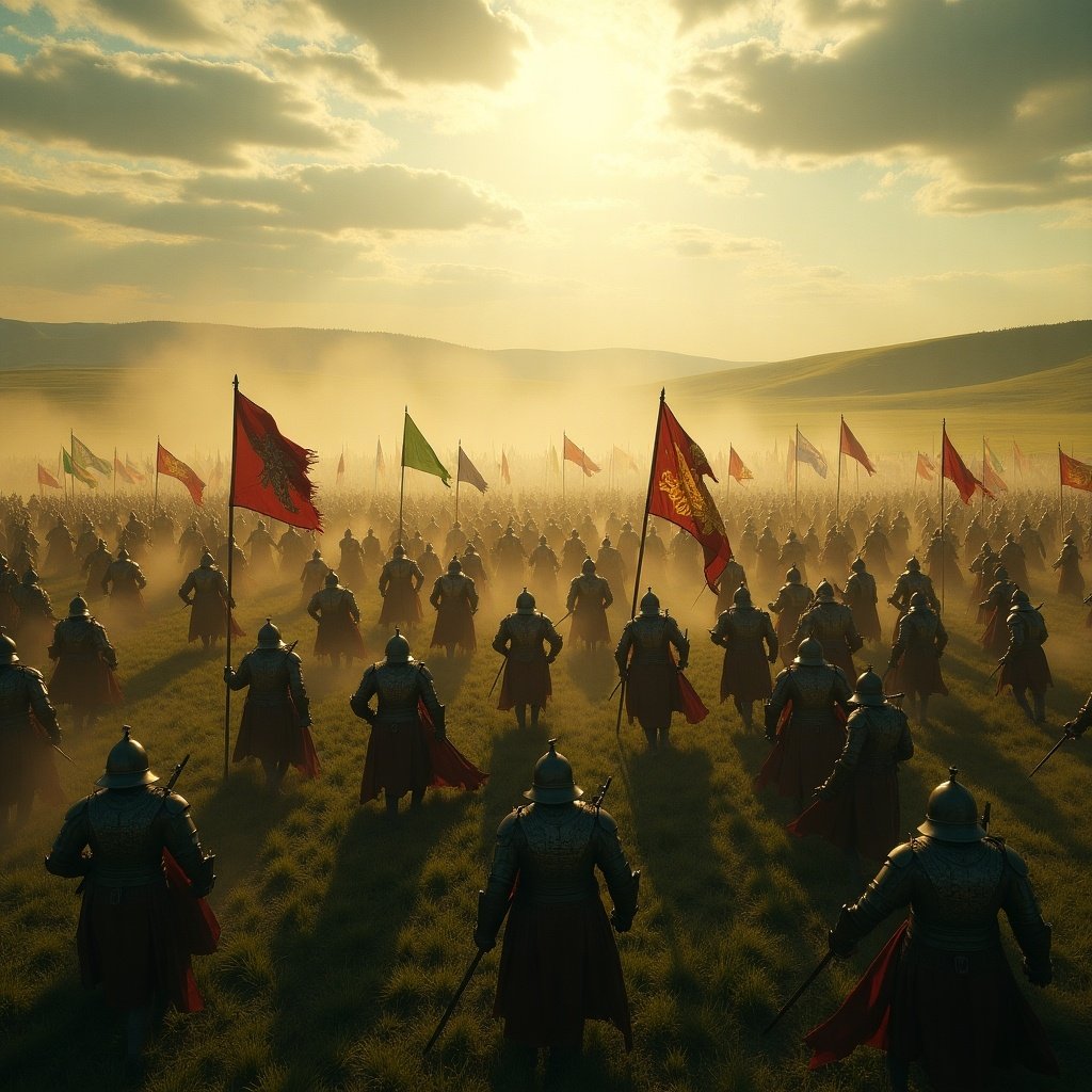 Cinematic medieval battlefield scene. Two massive armies charging toward each other. One army has 400,000 soldiers in organized formation. Other army has 10,000 disciplined soldiers. Soldiers wear heavy armor and carry vibrant flags. Rising dust clouds, fluttering flags, shining armor under golden sunlight. Scene feels photorealistic and immersive. Cinematic motion blur adds chaos.