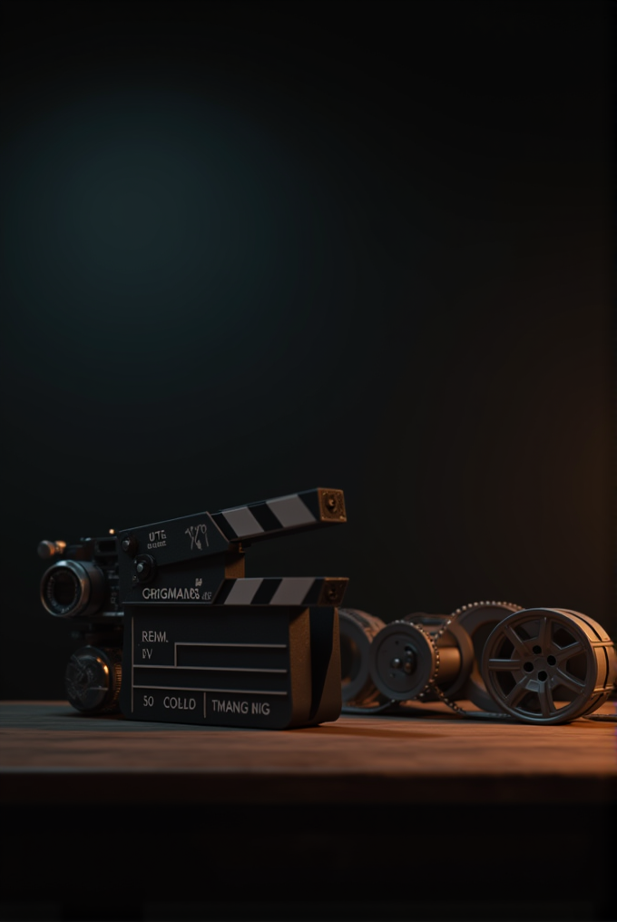 A vintage film camera and clapperboard sit on a wooden table in a dimly lit room.