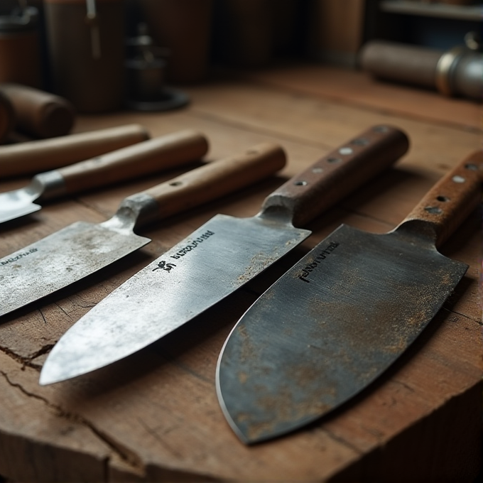 A row of rustic kitchen knives with wooden handles on a wooden surface.