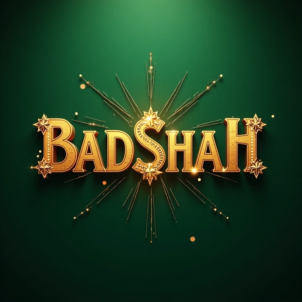 A golden letter BADSHAH in capital letters on a green background. Features diagonal spell VFX and gold ornate jewelry elements. Designed without duplicate images. Rendered for an asset on a grey background with influences from artists like Gregory Euclide and Guggimon. Suited for gentlemen's streaming or video games. No watermark or signature. Represents themes of casino and editorial awarded design.