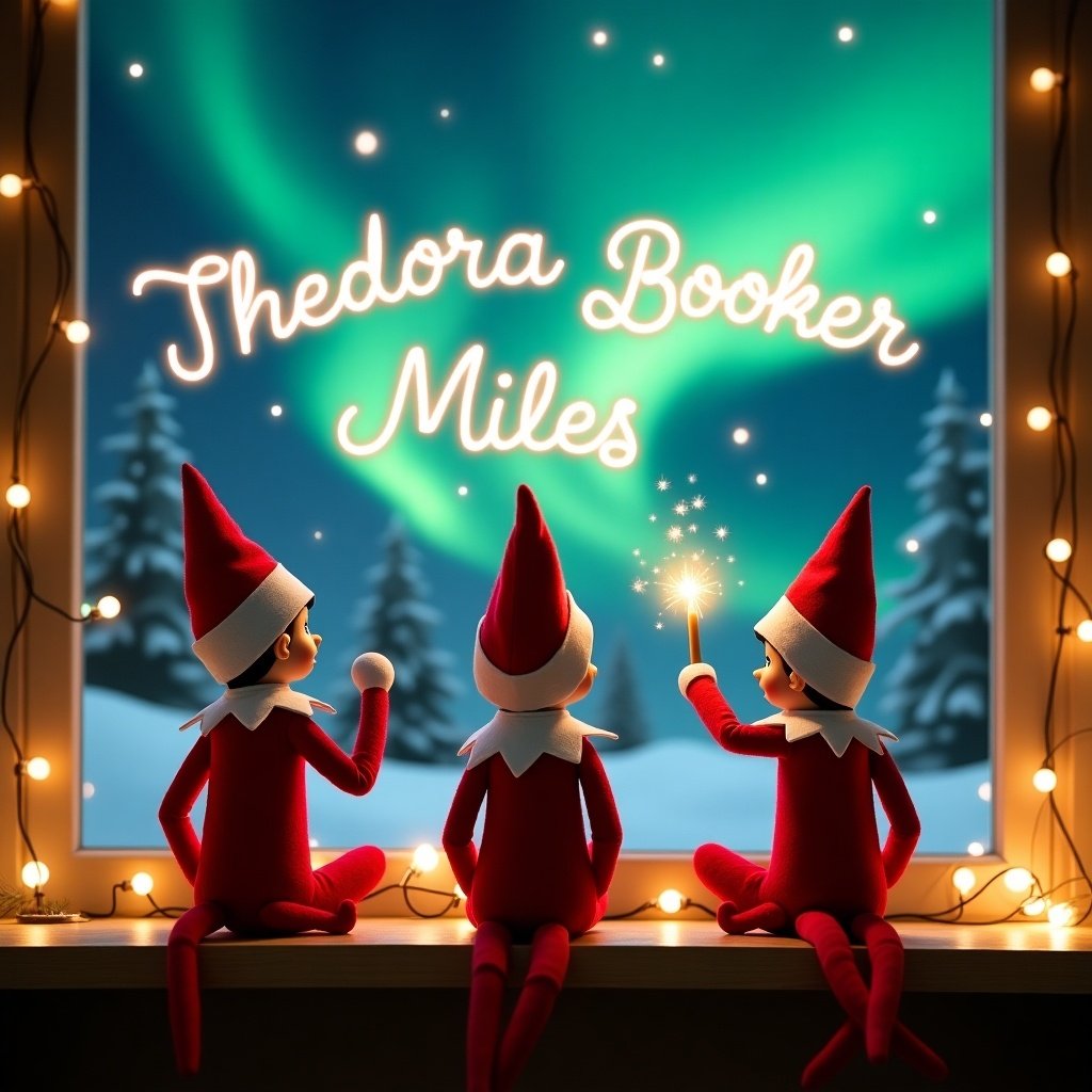 Enchanting Christmas scene features three elves facing the sky. First elf in red and white wields a wand, writing 'Theodora', 'Booker', and 'Miles'. Vibrant northern lights create a magical backdrop. Twinkling lights evoke Christmas spirit. Position and actions of the elves exude wonder and excitement.