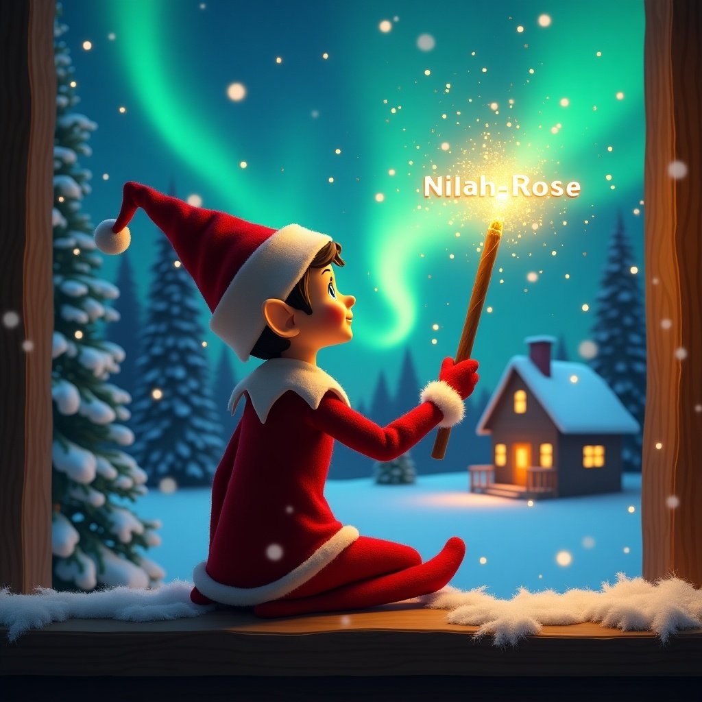 Elf on the shelf sits facing away. Elf looks up with a glowing wand. Colorful northern lights illuminate the sky. Cozy house in the distance. Snow covers the ground. Elf symbolizes Christmas magic. Name Nilah-Rose appears from wand.