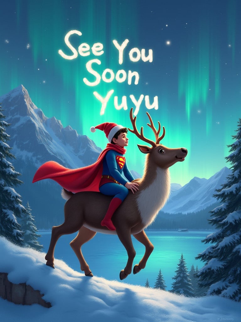 Elf character in a superman suit rides a reindeer. Elf writes in sky 'See You Soon Yuyu'. Background shows a winter landscape with mountains and lake. Night sky filled with northern lights. Surrounding pine trees are snow-covered.