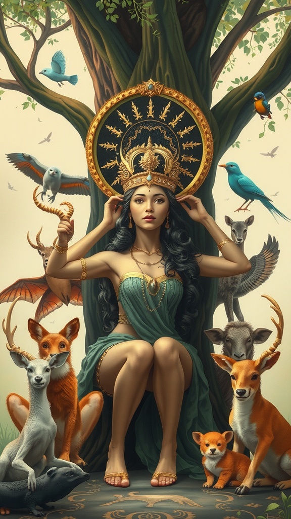 A woman in a decorative headdress surrounded by serene animals under a grand tree.