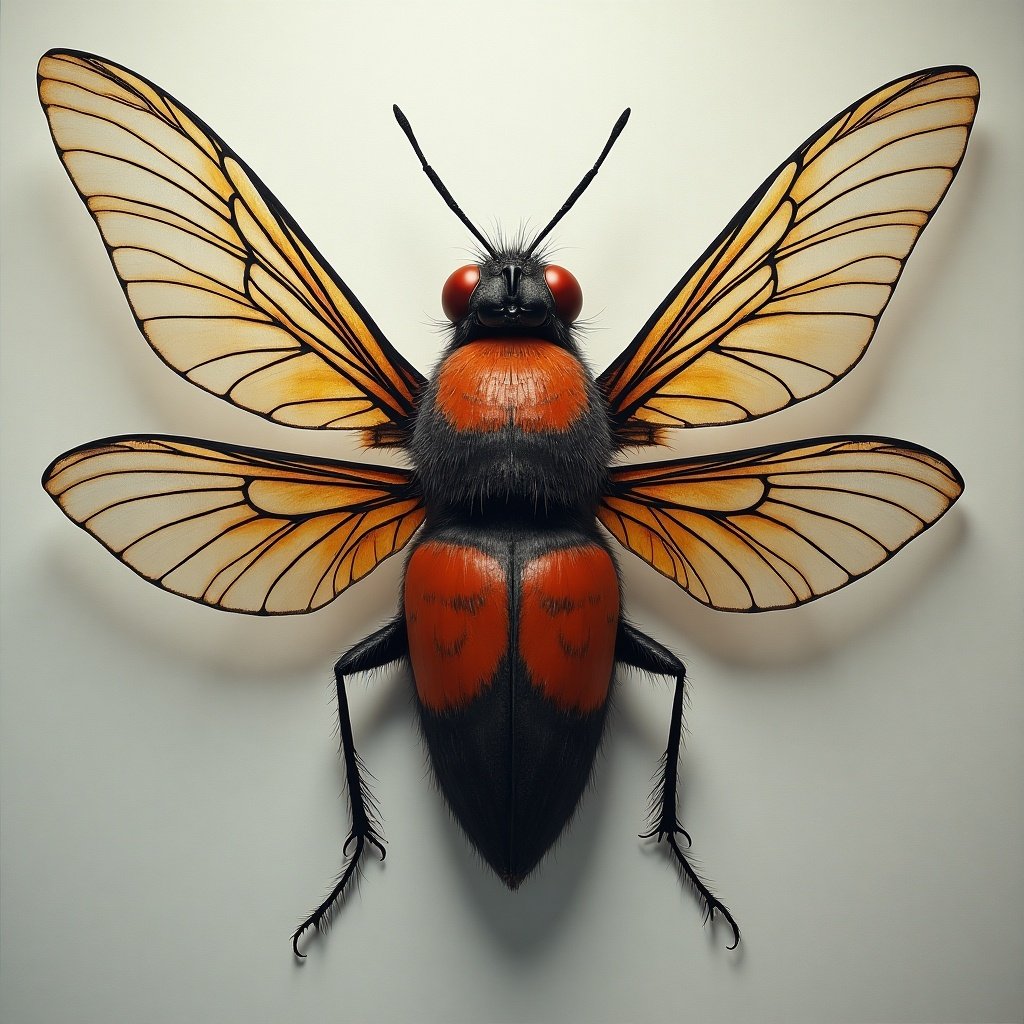 Illustration of a large stylized insect with vibrant orange and black patterns. The insect has detailed wings with yellow veins and red eyes. The overall design is bold and artistic.