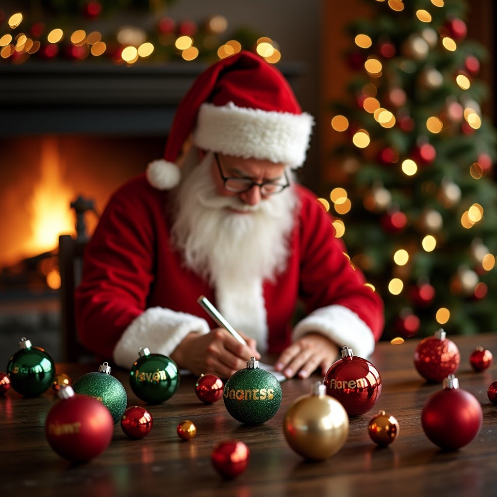 Santa writes names on colorful holiday baubles. Different colored baubles are placed on a table. Fireplace glows in the background. Christmas tree shines with lights. Cozy festive setting.