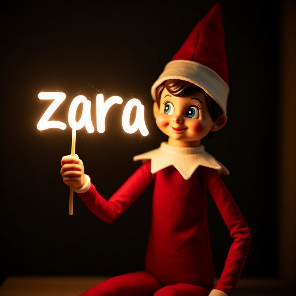 This image features an elf on the shelf character, dressed in traditional red and white attire. The elf is holding a glow stick that forms the name 'zara' in bright, soft light. The background is dark, which enhances the glowing effect of the text. It creates a warm, festive atmosphere, embodying the joy of the holiday season. The scene evokes feelings of magic and cheer associated with Christmas celebrations.