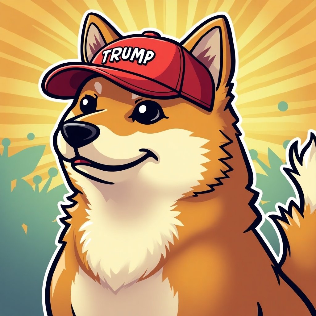 Cartoon depiction of a shiba dog. Dog wears a red baseball cap labeled Trump Coin. Background features bright colors and patterns. Scene conveys a fun and relaxed vibe. Appeals to fans of meme culture and crypto community.