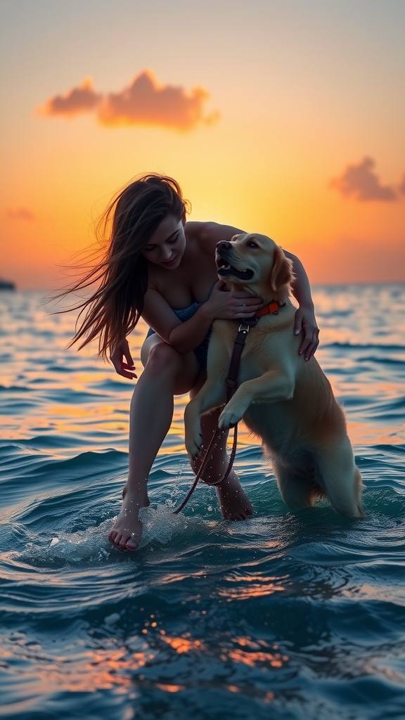 A person and a dog enjoying the water at sunset.